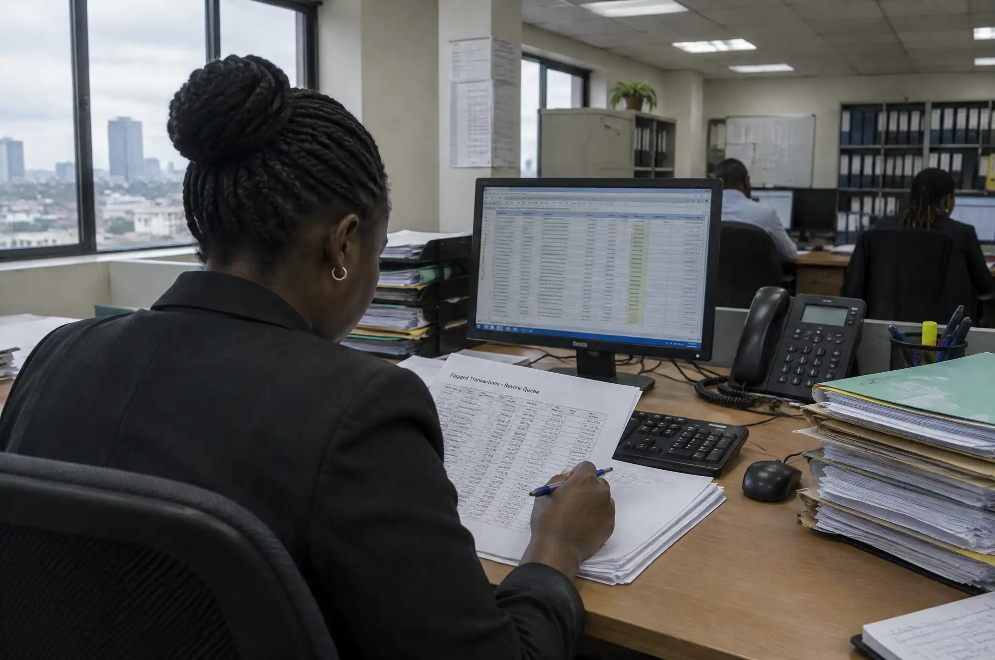 An officer at a back-office desk marks a printed list with a pen, with a spreadsheet open on the screen
