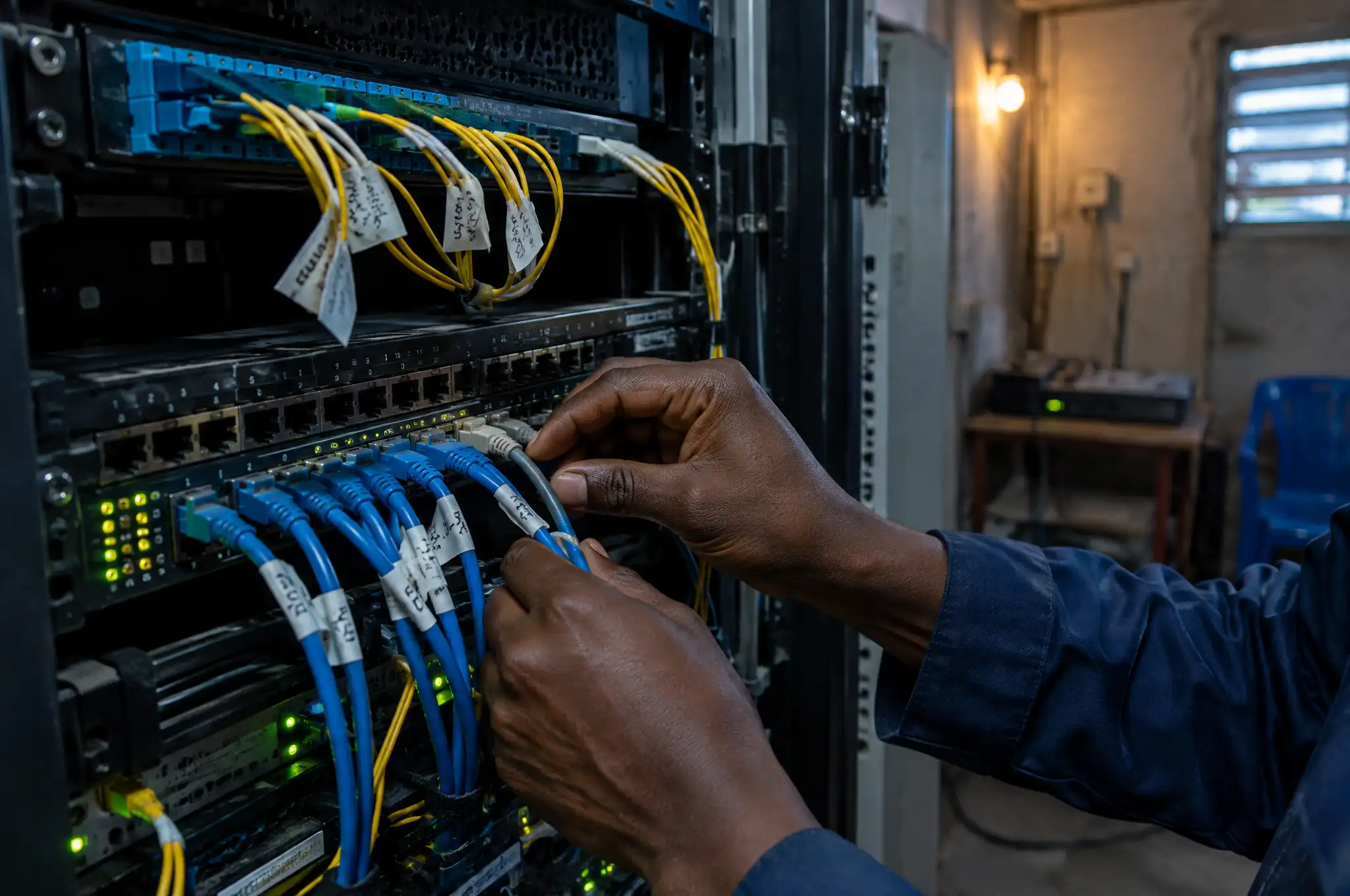 Hands plug labelled network cables into a switch in a server cabinet